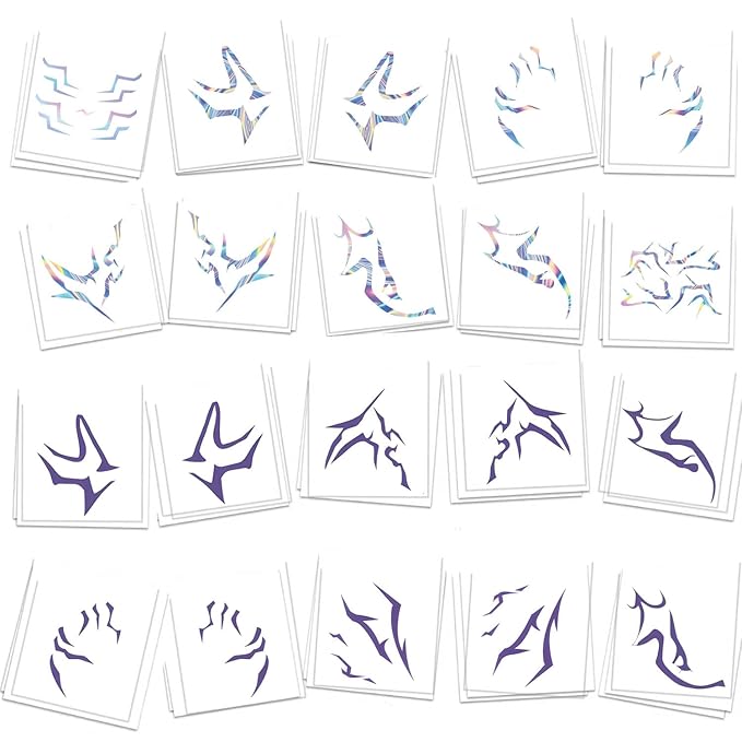K-pop Demon Temporary Tattoos 60 Pcs - Anime Hunter Halloween Cosplay Costume Temporary Tattoos Purple and Laser Multicolor Stripes Tattoos 13+