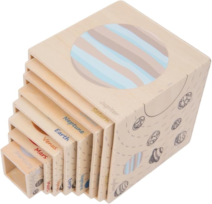 Wooden Eight Planets Nesting Blocks for Kids 3+, Montessori Sorting & Stacking Cube Boxes, Preschool Educational Science Toy Set for Toddlers Boys & Girls―Learning Solar System (8 Pcs)