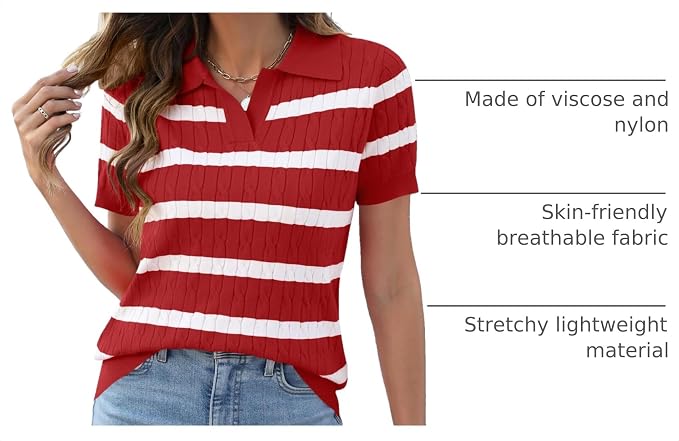 Micoson Womens Short Sleeve Sweater Tops Lapel V Neck Polo Shirts 2026 | Summer Cable Knit Loose Blouses, Business Casual Outfits