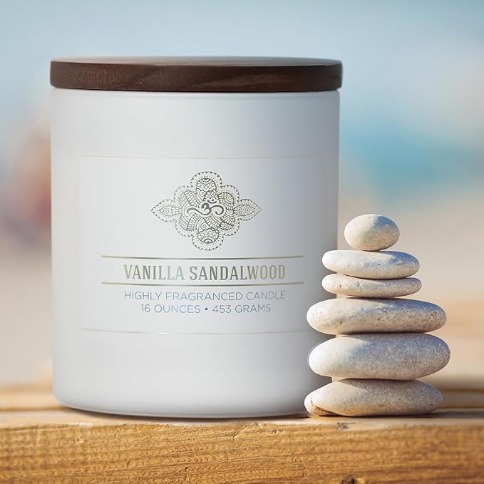 Carolina Vanilla Sandalwood Scented Candle, 16 oz Wellness Relaxing Aromatherapy Candle, 2 Wick White Jar Soy Blend Wax, Candles for Home, 60H Burn - Made in The USA