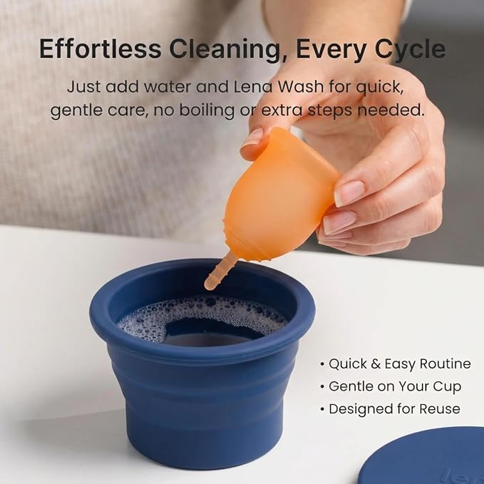 Lena Menstrual Cup Cleaner Case & Period Disc Sanitizer, Home and Travel Size Feminine Wash, Period Essentials for Women, Microwavable, Compact & Collapsible Silicone Container, Dark Blue