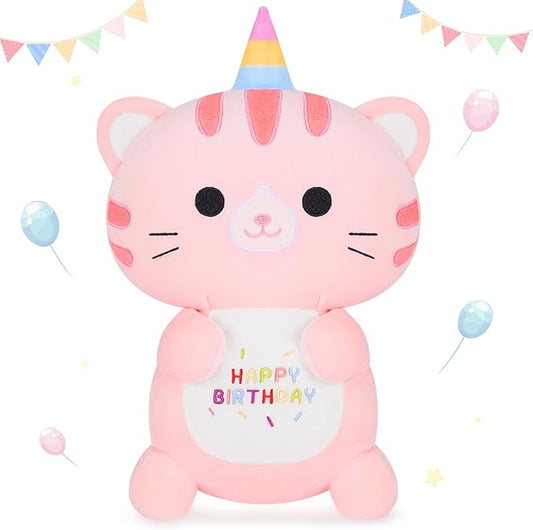Achwishap Unicorn Cat Plush Stuffed Animal,Kawaii Birthday Cat Plush Toys-14” Happy Birthday Gifts Cute Plushies,Soft Pink Kitten Plushie Huggging Pillow,Cuddly Animal Plushie Doll for Kids Adults