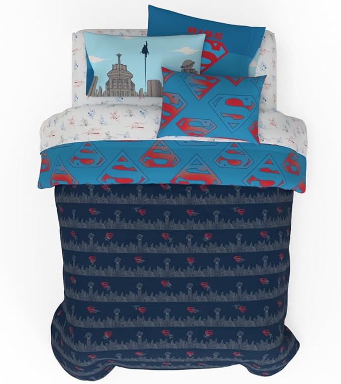 Superman DC Comics Kids Bedding Super Soft & Cozy Reverisble Microfiber Comforter and Sheet Set with Sham, 7 Piece Full Size, (Officially Licensed Product) By Franco