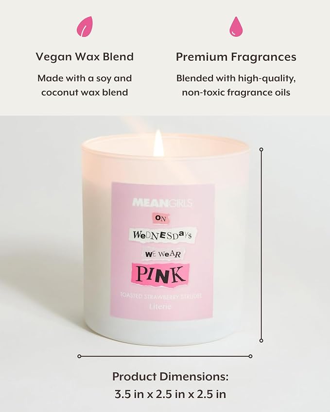 Literie Mean Girls Inspired Scented Candle: On Wednesdays We Wear Pink - Toasted Strawberry Strudel Scented, 9oz, 50 Hour Burn, Vegan Soy & Coconut Blend Candle for Home Decor, Gift for Women & Men