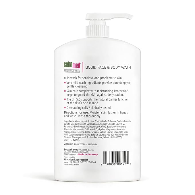 SEBAMED Sensitive Skin Face and Body Wash for Women and Men, pH 5.5, Mild Gentle Hydrating Cleanser, Hypoallergenic Body Wash, Dermatologist Recommended, 33.8 Fluid Ounces (1 Liter)