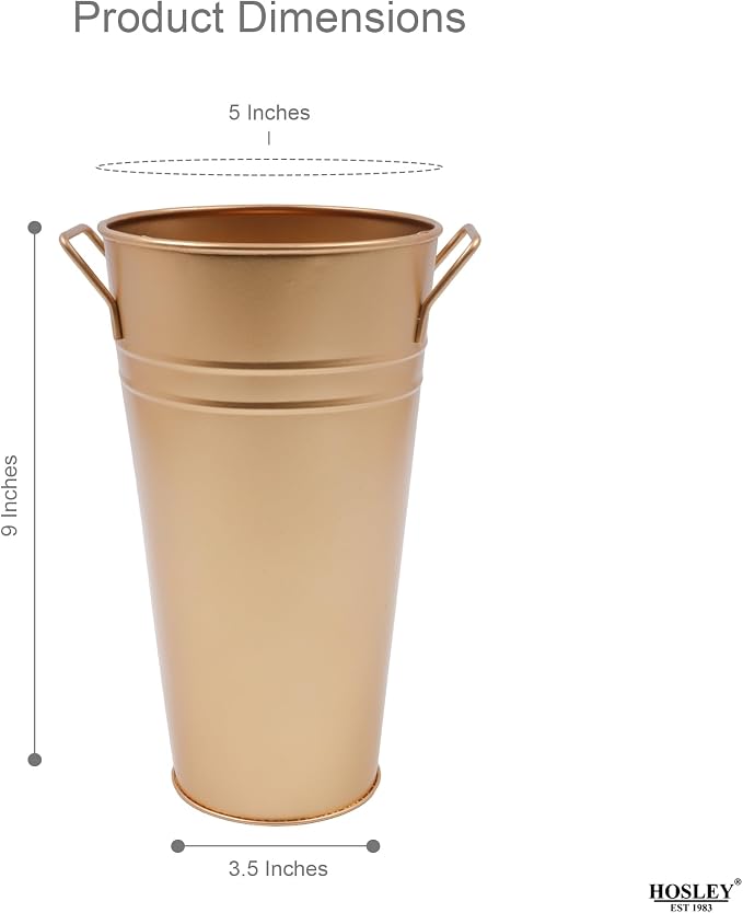 Hosley Set of 2 Gold Bucket/Pot Vase with PVC Liner, 6.25" L x 5" W x 9" H Ideal Gift for Floral Arrangements Wedding Home Office Party DIY Indoor Outdoor Garden Patio