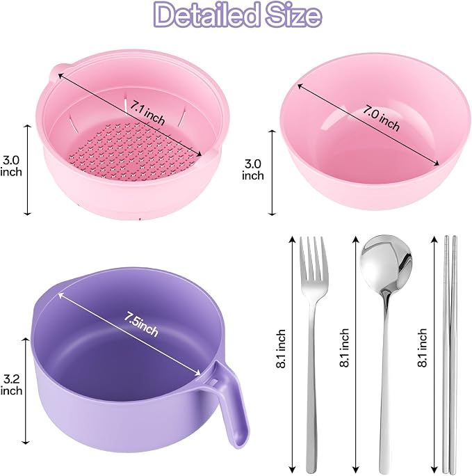 MEACOLIA Large Ramen Bowl Set, Microwave Noodle Pasta Cooker with Lid and Strainer, with Stainless Steel Chopsticks, Spoon, Fork, College Dorm Room Essentials for Girls for Boys (Pink)