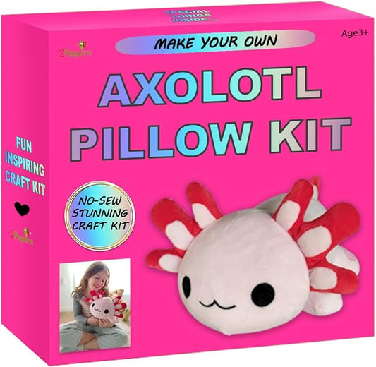 Make Your Own Axolotl Plush Pillow Kit Arts and Crafts for Kids (No Sew), DIY Axolotl Stuffed Toys for Girls & Boys Ages 3 4 5 6 7 8 9 10 + Years Old, Animal Activity, Squishy Plushy, Girls Presents