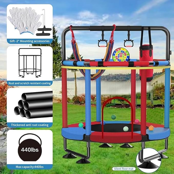 Trampoline for Kids, Upgrade Full Anti-Rust 440lbs Indoor Outdoor Toddler Trampoline with Net, 55" Adjustable Baby Toddler Trampolines Accessories Dart Board