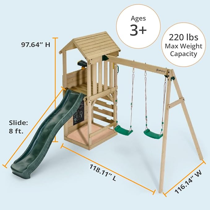 Plum Wooden Swing Sets for Backyard with Slide, Toddler Playground Playsets, Kids Outdoor Play Equipment, 2 Swings, Rock Climbing Wall, Telephone, Blackboard, Telescope, Sturdy, Weatherproof, Age 3+