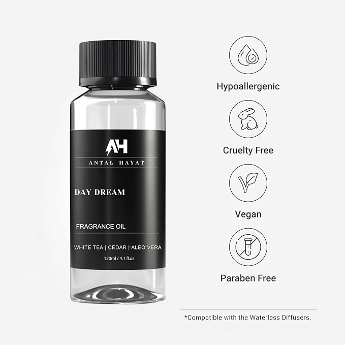 Day Dream Diffuser Oil 120ml – White Tea Essential Oil for Diffusers – Aloe Vera, Ginger, Amber & Cedarwood – Fall Home Luxury Scent – Hotel Collection Inspired Diffuser Oil Refill