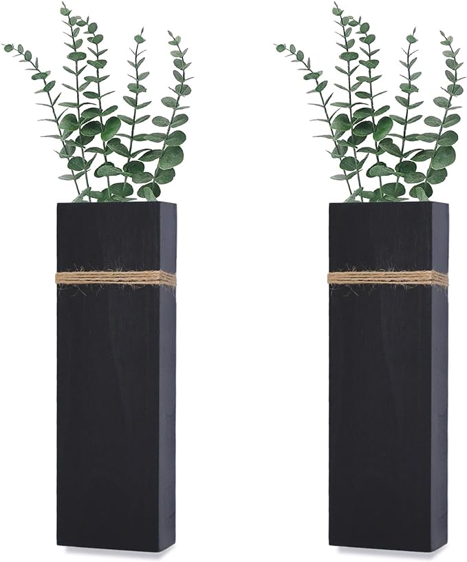 Wall Planters for Indoor Plants-2 Pack Wood Wall Vases for Dried Flowers & Artificial Plants Modern Farmhouse Wooden Vase for Living Room Bedroom Kitchen Decorations - Black