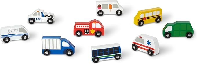 Melissa & Doug Wooden Town Vehicles Set in Wooden Tray (9 pcs)