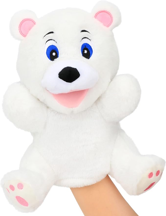 Hopearl Plush White Bear Hand Puppet with Open Movable Mouth for Imaginative Play, Role Play, Interactive Toy for Storytelling Teaching Puppet Theater, Gifts for Kids Boys Girls, 11.5''