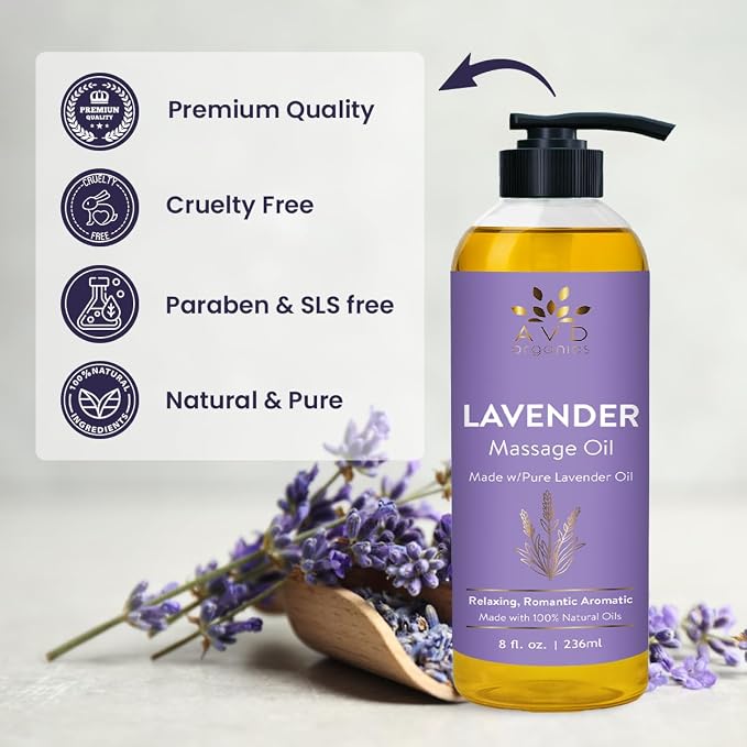 AVD Organics Lavender Massage Oil 236 ml| 100% Pure & Natural | for Men & Women | Sore Muscles Body Massage | Soothing Blend of Natural Oils for Therapeutic and Aromatherapy | 8 fl.oz