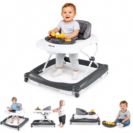 HONEY JOY Baby Walker, 5 in 1 Infant Activity Walker with Wheels, Music, Removable Cushion, Toddler Foldable Push Walker for Boys Girls, Anti-Rollover Walkers for Babies 7-14 Months (Gray)
