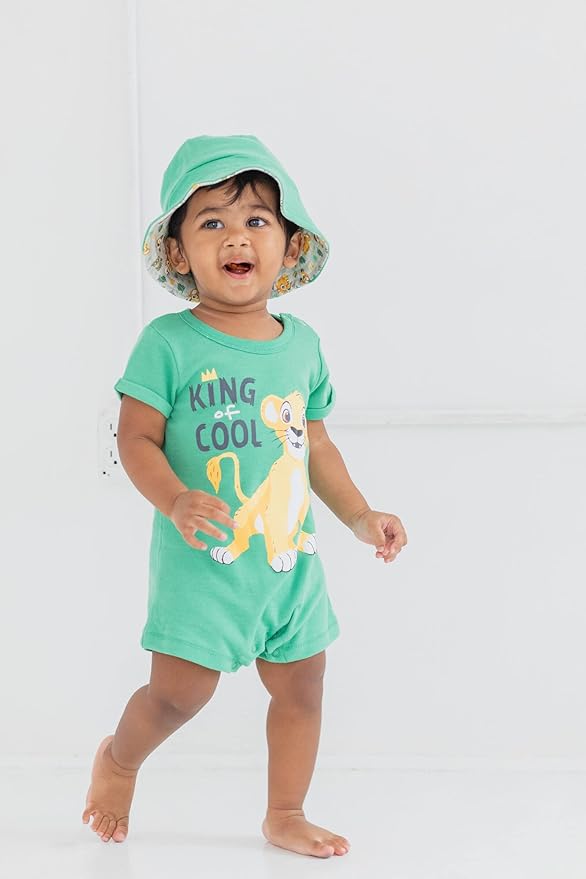 Disney Baby Romper and Reversible Bucket Sun Hat Outfit Set Newborn to Infant Sizes (Newborn - 24 Months)