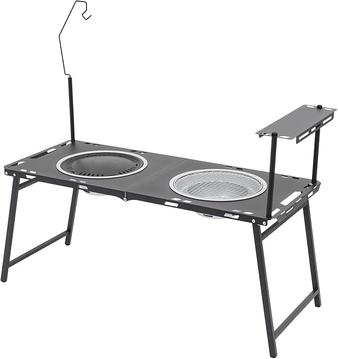Portable Charcoal Grill Table, Folding Korean BBQ Camping Station with Dual Grill Racks, Frying Pan, Side Shelf & Lantern Stand, High-Carbon Steel for Outdoor Picnic, Barbecue & Travel