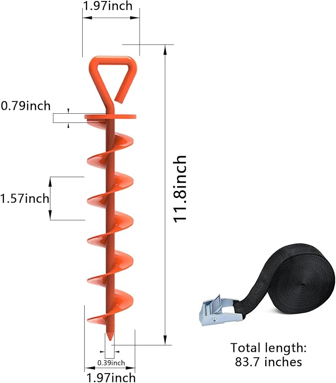 Eurmax USA 4 Pack Heavy Duty Ground Stakes,Industrial Grade Spiral Steel Screw-In Trampoline Anchors with 4 Reinforced Straps,High Wind Stabilizing Kit for Dog Tie-Out,Canopies,Sheds,Swing Sets,Orange