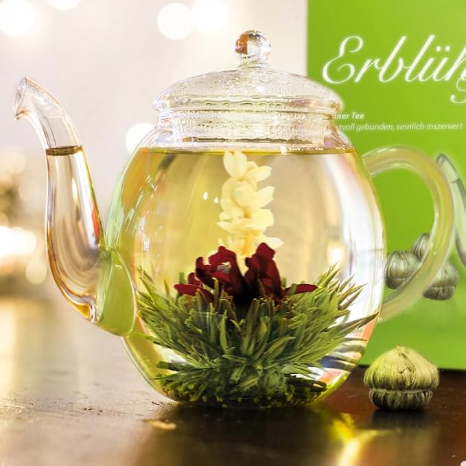 Creano Blooming Tea Gift Set with Glass Teapot 17oz (500ml) - Green Tea Fruity Flavoured Tea Flowers in 6 Varieties - Flowering Tea Gift for Easter
