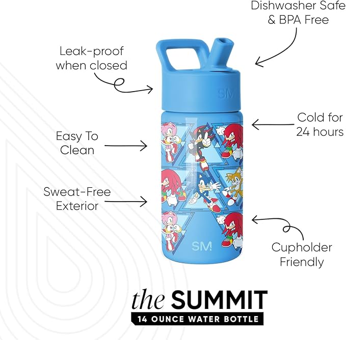 Simple Modern Kids Summit Water Bottle with Straw Lid | SEGA Sonic the Hedgehog 14oz Stainless Steel Cup Insulated Tumbler for Toddlers, Boys, Girls, School | Sonic Pals