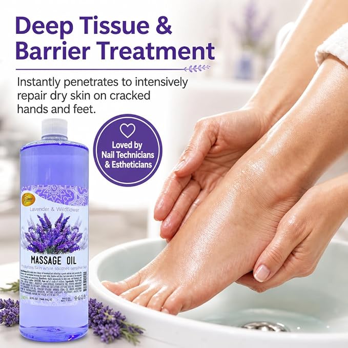 SPA REDI Lavender Massage Oil – Zero-Residue Botanical Blend for Deep Tissue & Dry Skin Care | Vitamin E, Avocado & Almond Oil | Sulfate-Free, Cruelty-Free | Professional & At-Home Use | 32 oz