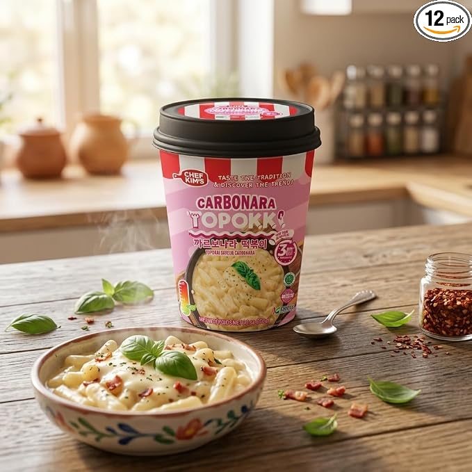 POCAS Chef Kim's Korean Instant Topokki Rice Cake Cups, Microwaveable Rice Cake Snack, Ready in 3 Minutes, 4.2 oz (120g) per Cup, 12 Tteokbokki Cups per Case, Authentic Korean Street Food. (Carbonara)