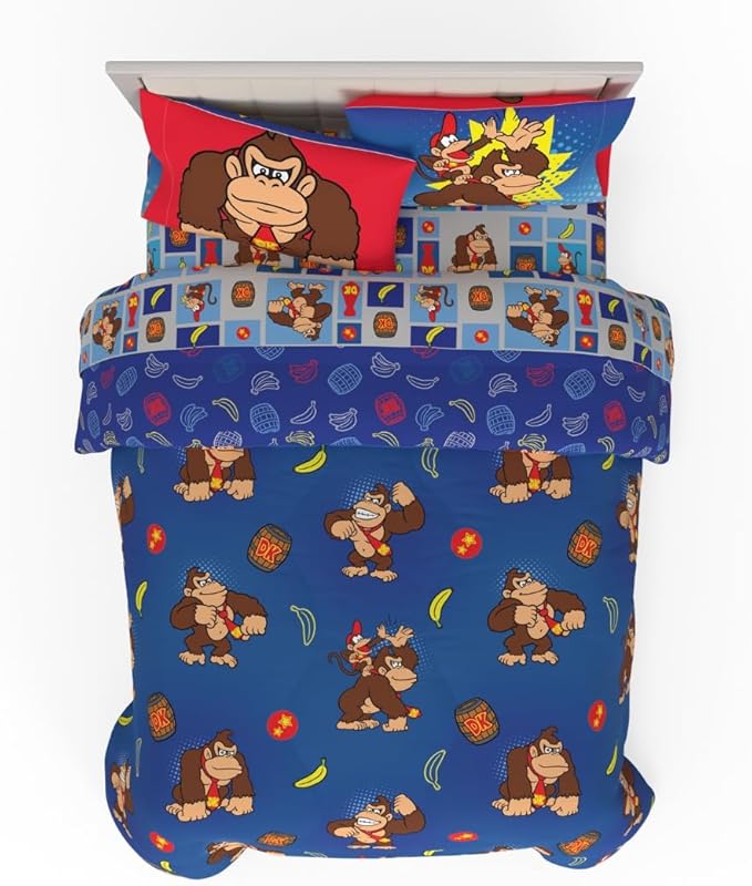 Collectibles Nintendo Donkey Kong Gaming Bedding 7 Piece Super Soft Reversible Comforter and Sheet Set with Sham, Full, (Officially Licensed Product) By Franco