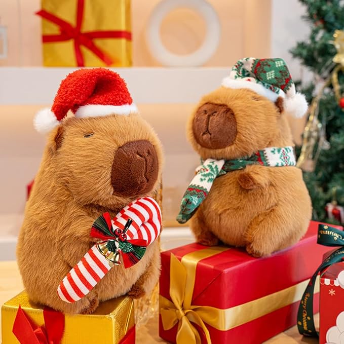 Christmas Capybara Stuffed Animal Plush, 10” Holiday Capybara Peluches with Santa Hat & Candy Cane, Cute Super Soft Funny Christmas Toy Gifts, Capybara Stuff Festive Decorations for Kids Boys Girls
