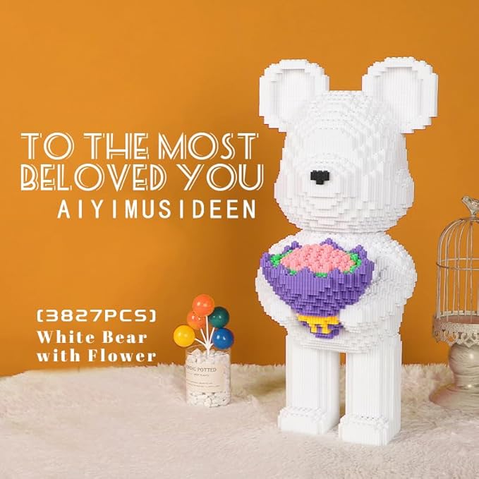 Bridal Bouquet Bear Building Block Set Violence Building Blocks, White Bear Micro Blocks(3827PCS) Gifts for Adults and Children