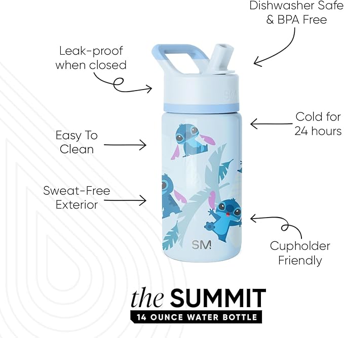 Simple Modern Kids Summit Water Bottle with Straw Lid | Disney Stitch 14oz Stainless Steel Cup Insulated Tumbler for Girls, Boys, School | Tropical Stitch