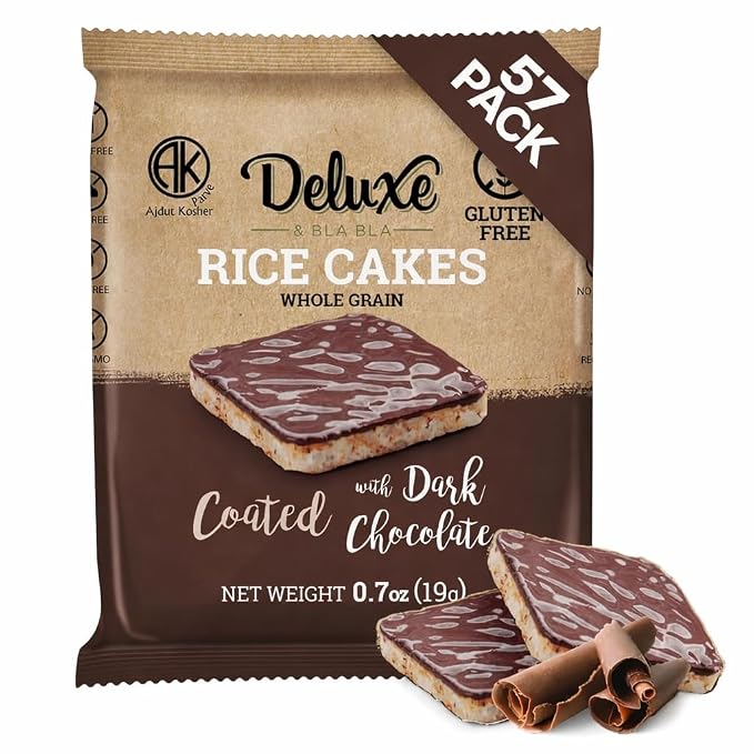 Deluxe & Bla Bla Chocolate Covered Rice Cakes 57 Pack – Whole Grain, Gluten-Free, Kosher, Low-Calorie Snack – Coated with Dark Chocolate – Healthy & Crunchy Treat – Individually Wrapped, (19g Each)