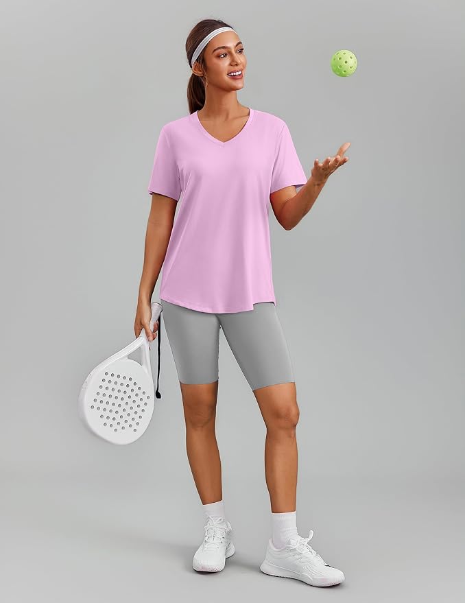 PINSPARK Soft Workout Tops for Women Short Sleeve V Neck Moisture Wicking UPF 50+ Sun Protection Quick Dry Gym Shirts