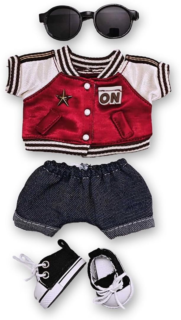 5 Set 17cm Doll Clothes -Clothes for Dolls Outfit - Accessories for 17cm Dolls Clothes +Light Pink Heart-Shaped Velvet hat + Small Camera + Glasses + Canvas Shoes, No Doll Included (Style X)