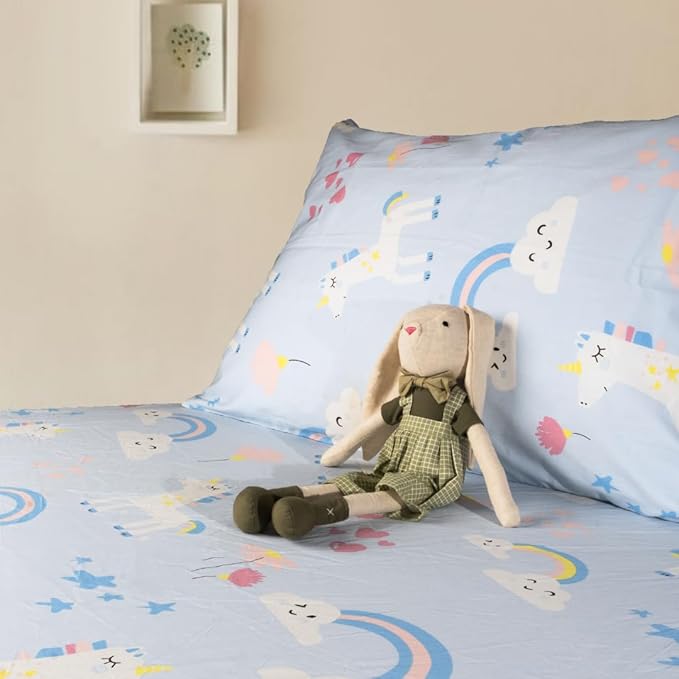 Salt Earth 100% Cotton 210TC Kids Bedsheet, Twin Fitted Sheet, Toddler Bed, 4-Piece Set – 2 Fitted Sheets & 2 Pillowcases, Themed Toddler Bed Sheets, Cute Kids Bedding (Unicorn/Rainbow)