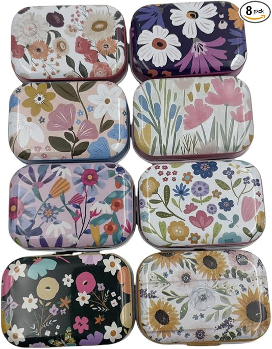 8Pcs Metal Hinged Tin Box Container Daisy Floral Farmhouse Rustic Mini Portable Small Storage Container Kit with Lid for Home Storage 2.1x1.5x1 Inch (Pastel)