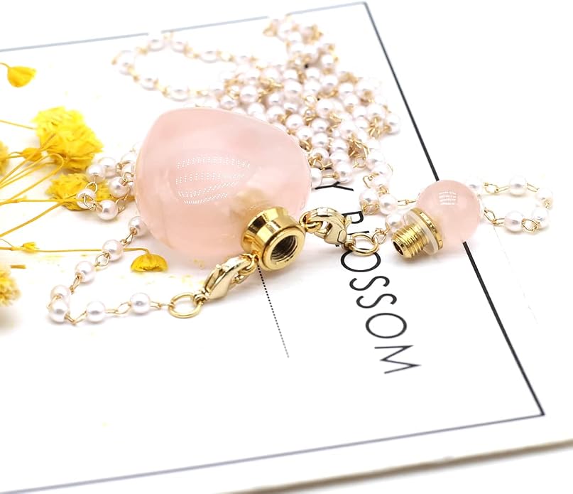 1pcs Natural Rose Quartz Stone Perfume Bottle Pendant Pearl Bead Chain Rectangle Heart Necklace for Women Jewelry Free Accessory Glasses