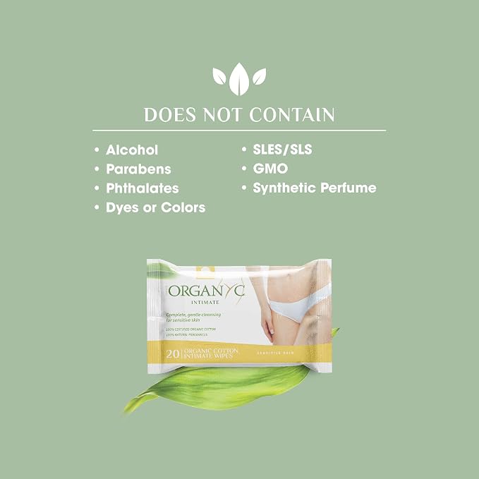 Organyc - Made with Organic Cotton Intimate Wet Wipes For Sensitive Skin, pH Balanced, No Parabens, Alcohol, or Chlorine, 20 Count (Pack of 1)
