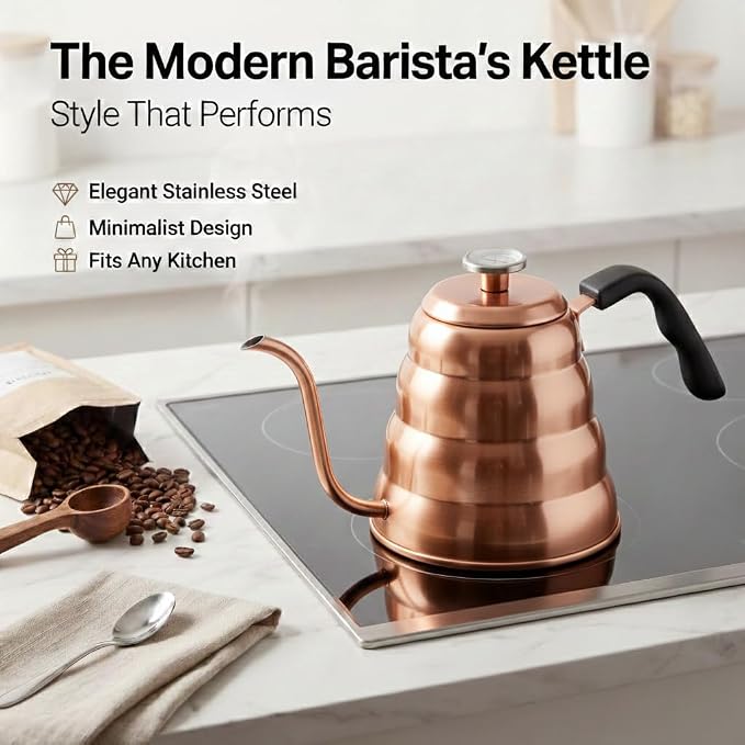 Barista Warrior Gooseneck Kettle with Thermometer - 1.2L Pour Over Coffee & Tea Kettle, Copper Coated Stainless Steel Gooseneck Kettle Pot, Precision Pour Drip Spout, Suitable for All-Stoves (40 floz)