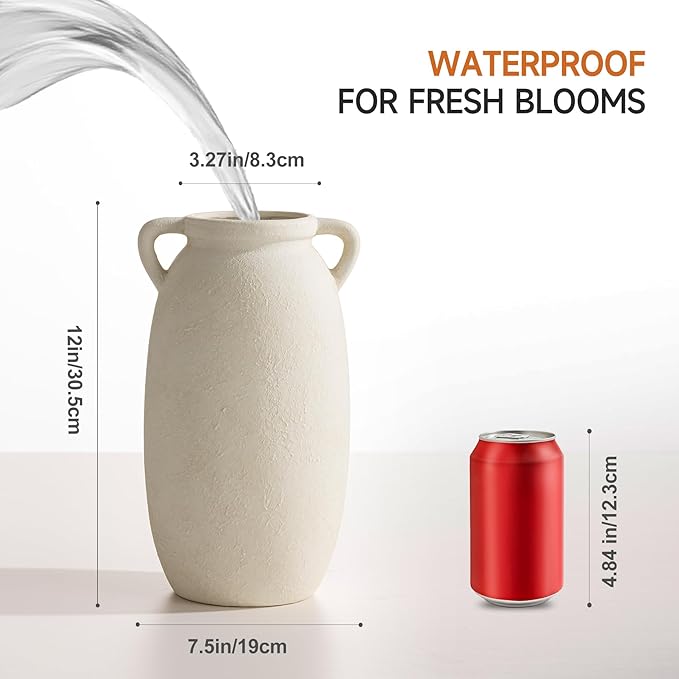 Dobbyby Ceramic Flower Vase 12 inch Farmhouse Rustic Vase Decorative Pottery Terracotta Tall Vases for Home Decor Table Mantle Fireplace Living Room Bathroom Wedding Centerpiece(Large-White)