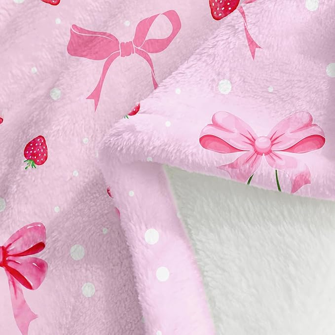 Wajade Strawberry Bow Gifts for Boys Girls - Strawberry Bow Blanket Birthday Christmas Decor for Kids Age 3 4 5 6 7 8 9 10 11 12 Years Old Teens Child Toddler Throw Light Grey 50"x60"
