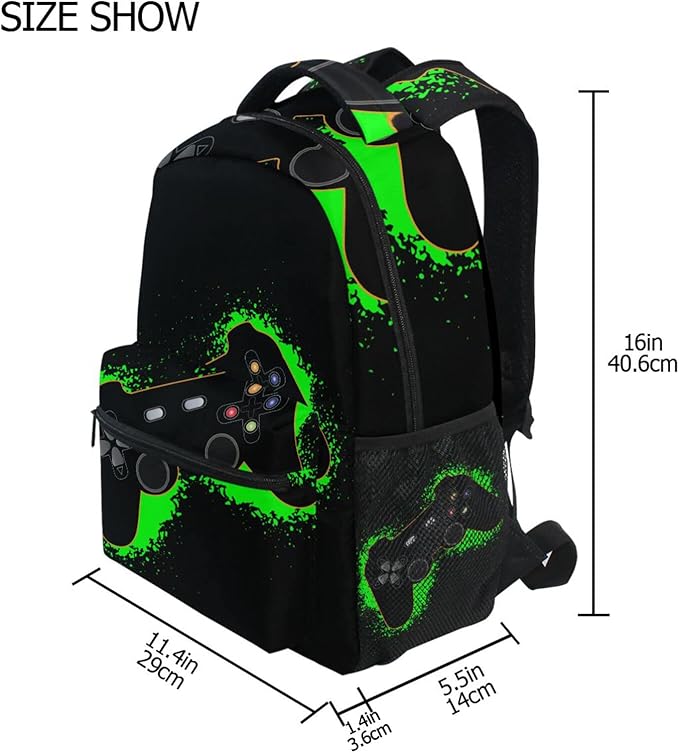 Green and Black Video Game Boys Girls Kids School Backpacks Bookbag, Elementary School Bag Travel Backpack Daypack