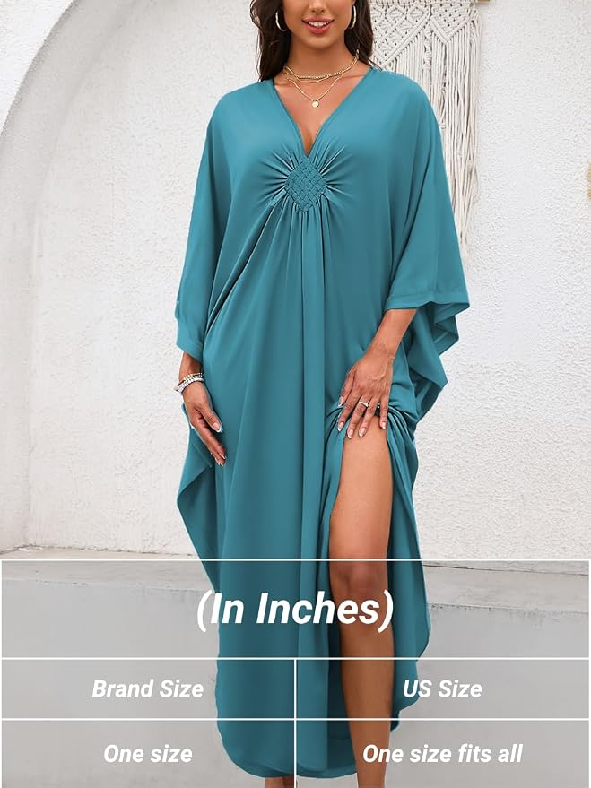 ChiaoLezhee Print Moo-Moos for Women, Kaftan Cover-Up Dresses, Sexy V-Neck High-Slit, Beach Pool-Party Coverups Muumuu Plus