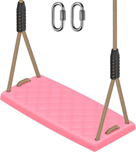 SELEWARE Heavy Duty Swing Seat with Adjustable Rope, 300lbs Capacity Non-Slip Plastic Tree Swing for Kids, Playground Swing Set Accessories Replacement with Snap Hooks for Indoor Outdoor Use (Pink)