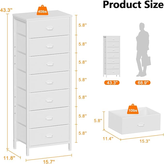 White Tall Dresser for Bedroom, Chest of Drawer with Fabric Drawer | Tall Skinny Dresser with 7 Drawers, Metal Frame, Wooden Top, Dorm Vertical Closet, Bedside Furniture in Living Room