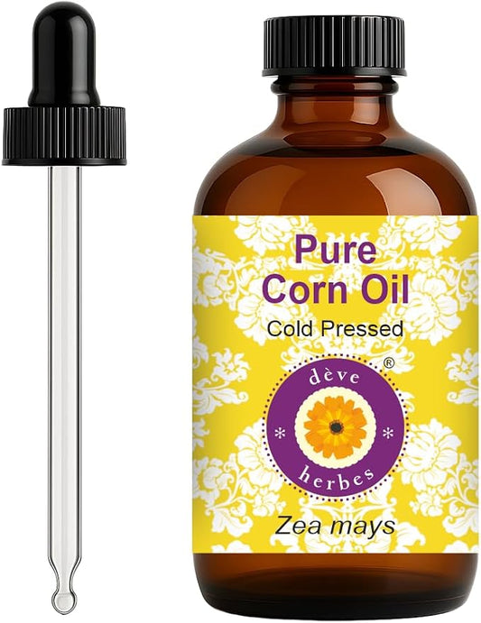 dève herbes Corn Oil (Zea mays) with Glass Dropper | Cold Pressed | Pure | Natural | For Diluting Essential oils | For Skin & Massage | Non-Sticky | Lightweight | Men & Women | 120ml (4 oz)