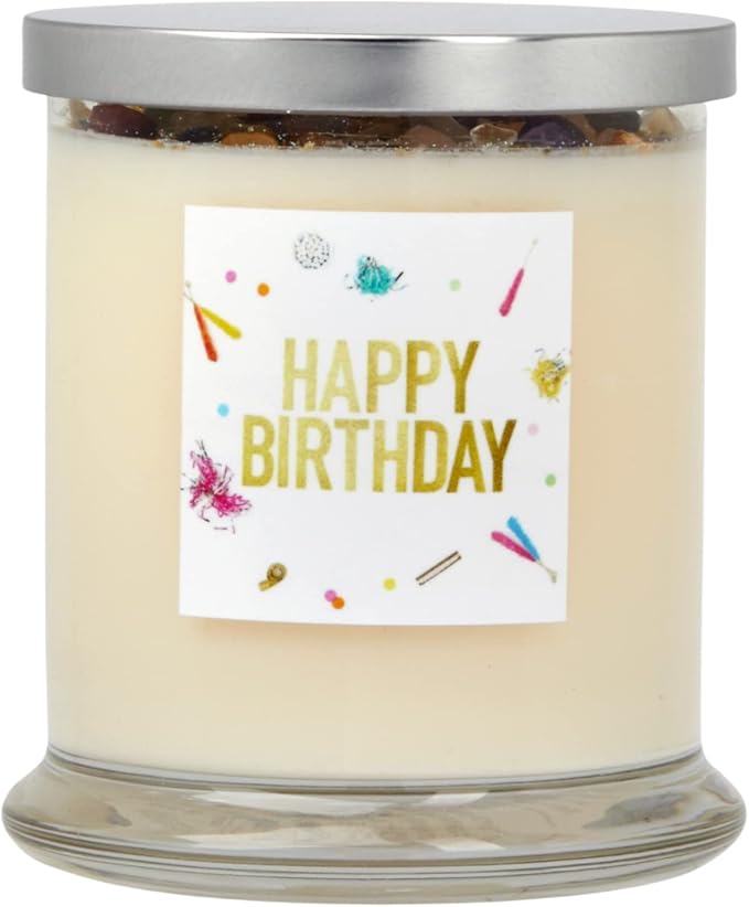 Happy Birthday Candle by New Moon Beginnings - Intention & Manifestation - Birthday Wish Candle - Crystal & Herb Candles - Aromatherapy Candles - Soy Candle, 12 Ounce Round Glass