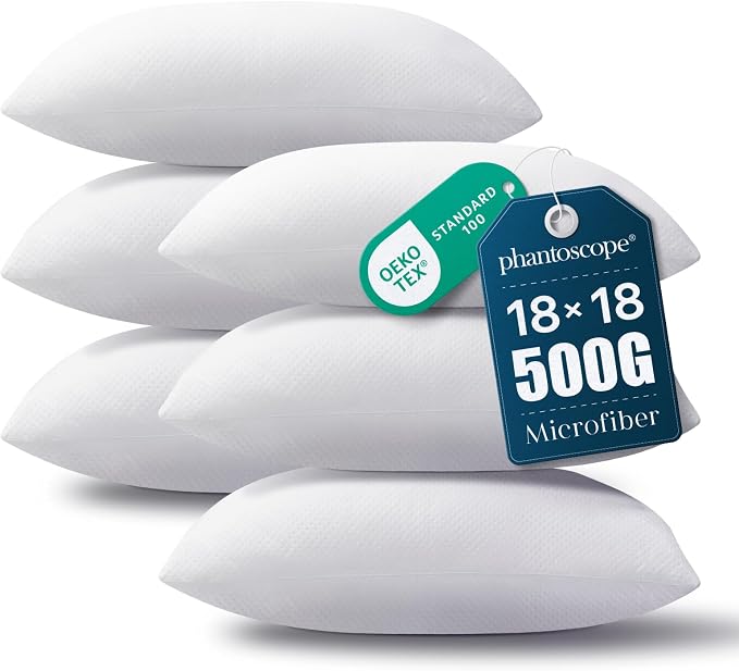 Phantoscope 18x18 Pillow Inserts, Throw Pillow Inserts for Couch, Pack of 6 | 100% Virgin Fiber Hypoallergenic Pillow Form, Soft Throw Pillow Inserts, Lightweight Throw Pillows for Couch Bed Pillows