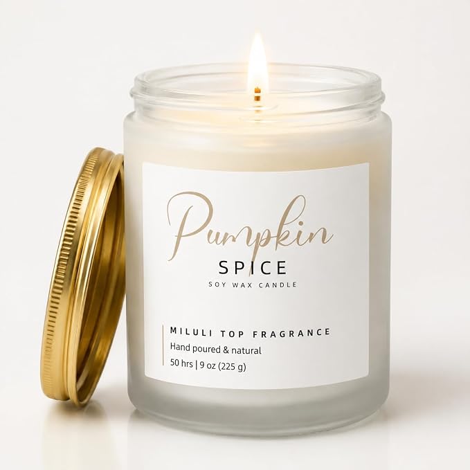 Pumpkin Spice Scented Candles for Home - 15% Essential Oil Luxury Aromatherapy - Handmade Natural Soy Wax Candle for Women Men Relaxation - 9oz Frosted White Jar,50H Clean & Non-Toxic Burn
