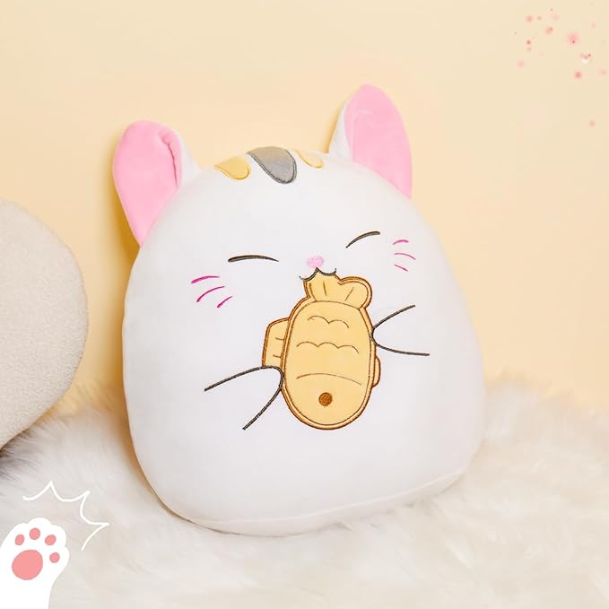 Athionsu 12-Inch Cat Plush Pillow Soft Kawaii Stuffed Animal Hugging Cushion with Taiyaki Fish Cute Kitty Plush Pillow for Toddler Kids, Boys Girls